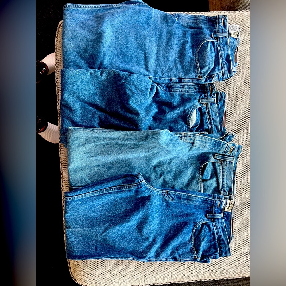 3 pairs LL Bean flannel lined jeans 32x34. 1 pair carhartt jeans.